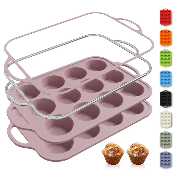 2 Packs 12 Cups Silicone Muffin Pan with Metal Reinforced Frame Regular Size Cupcake Pan Tray Egg Bites Silicone Circle Cookie Molds Muffin Tin Tart Pans Baking Sheet Set for Breakfast Sandwiches