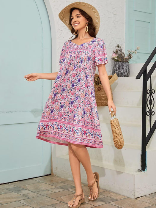 CRIPOM House Dresses for Older Women with Pockets Duster Housecoat Hawaiian Muumuu Moo Moo Nightgown Patio Dress Short Sleeve Old Lady Nightgown House Dress For Women Elderly Small Pink Flower M