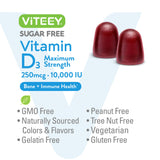 Vitamin D3 Gummies for Adults & Teens -10,000 IU, 250mcg, Maximum Strength - Sugar Free, Bone, Joint & Muscle Health, Immune Boost - Vegetarian, Gelatin Free - Tasty Chewable Berry Flavored Gummy