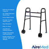 AireMed Bariatric Walker with 5" Wheels – Folding Walker Skis Glides Included - Extra Wide 600 lb Capacity - Adjustable Height - Sturdy Black Steel Frame - Ideal for Seniors and Mobility Support