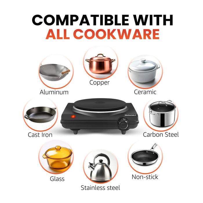 Elite Gourmet ESB-301BF# Countertop Single Cast Iron Burner, 1000 Watts Electric Hot Plate, Temperature Controls, Power Indicator Lights, Easy to Clean, Black