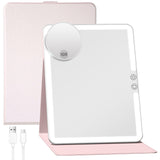 FUNTOUCH 2500mAh Large Rechargeable Travel Makeup Mirror with Lights, Portable Makeup Mirror with 10X Magnifying Mirror 3 Lighting Modes, Tabletop Folding Travel Mirror with PU Leather Cover (Pink)