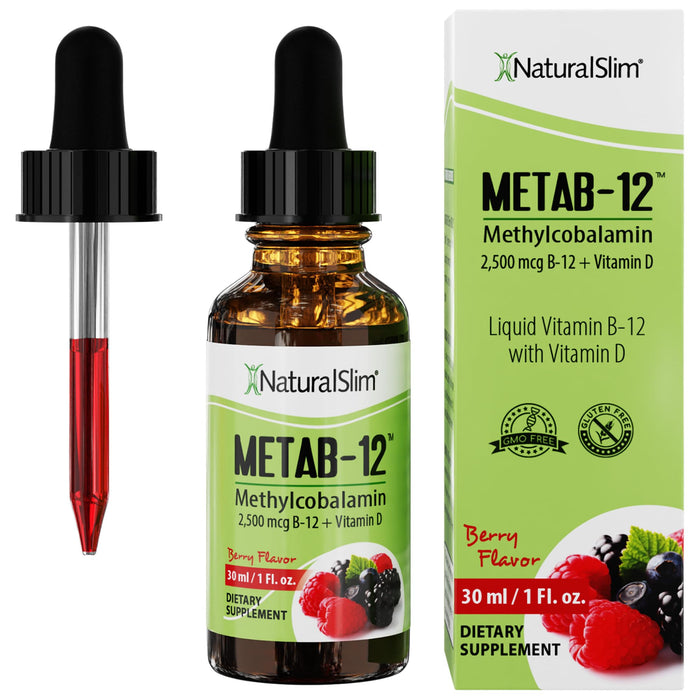 NaturalSlim Metab-12 - Liquid Vitamin B12 Sublingual Supplement 2500 mcg with Vitamin D3 Oral Drops - Methylcobalamin B12 for Metabolism & Energy Booster - Berry Flavor Gluten Free - 1 fl oz