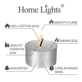 HomeLights Unscented White Tealight Candles -100 Pack, 6 to 7 Hour Burn Time Smokeless Tea Light Candles, Mini Votive Paraffin Candles with Cotton Wicks for Shabbat, Weddings, Christmas, Home Decor