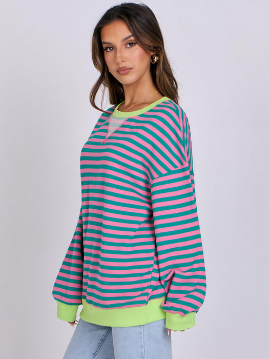 ANRABESS Women Striped Sweatshirt Long Sleeve Shirts Crewneck Oversized Casual Pullover Top 2024 Fall Fashion Outfits Clothes Pink Green Large