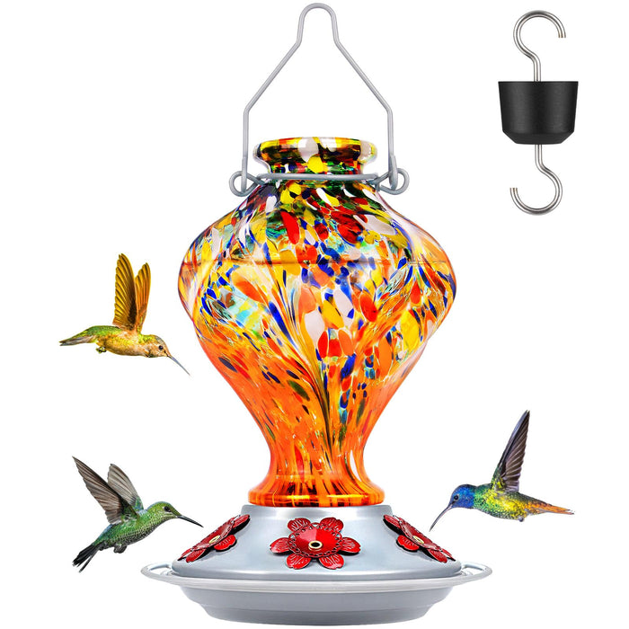 Hummingbird Feeder, BOLITE Glass Hummingbird Feeders for Outdoors Hanging, Hand Blown Twisted with Ant Moat, 5 Bee-Proof Ports, 360° Perch, Leak-Proof, 24oz, Orange, Gifts for Mom Dad Women Men