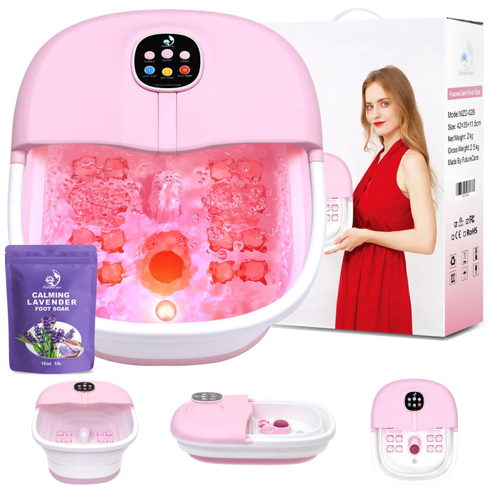 Foot Spa Bath Massager with Heat Bubbles and Vibration Massage and Jets, 16OZ Calming Lavender Foot Soak Epsom Salt, Collapsible Foot Bath Bucket with Infrared Relieve Stress & Remote Control - Pink