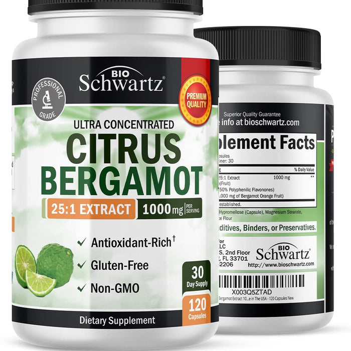 Citrus Bergamot Extract 1000mg - Ultra Concentrated 25:1 Extract for Enhanced Absorption and Bioavailability - Gluten-Free Non-GMO Vegan Supplement for Men & Women - Made in The USA - 120 Capsules