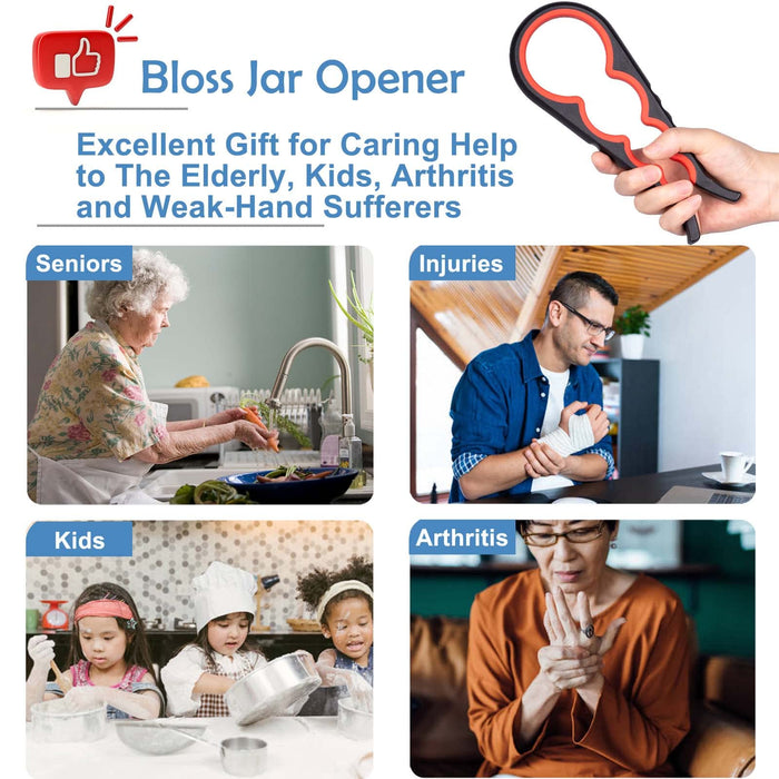 Bloss Jar Opener Bottle Opener for Weak Hands Seniors with Arthritis, 5 in 1 Multi Function Can Lid Opener Kit with Silicone Handle Easy to Use for Children, Elderly and Arthritis Sufferers