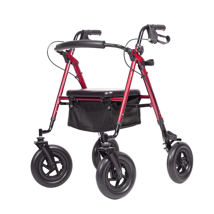 ELENKER All-Terrain Rollator Walker with 10” Rubber Wheels, Padded Seat & Backrest, Under-seat Basket for Seniors, Red