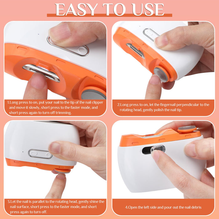 Automatic Electric Nail Clipper Laelr 2 in1 Fingernail Cutter and Polisher with LED Light 2 Speeds & Nail Scraps Storage Rechargeable Safety Fingernail Trimmer for Baby Kids Elderly Nail Care