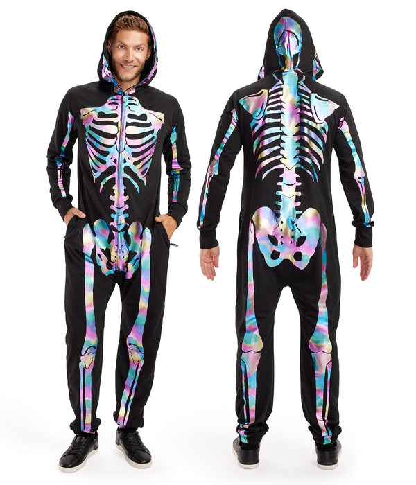 Tipsy Elves Halloween Skeleton Costume for Men - Comfy Easy Adult Onesie Jumpsuit - Front and Back Print with Zip Up Mask - Men's Iridescent Skeleton Jumpsuit Halloween Costume Size X-Large