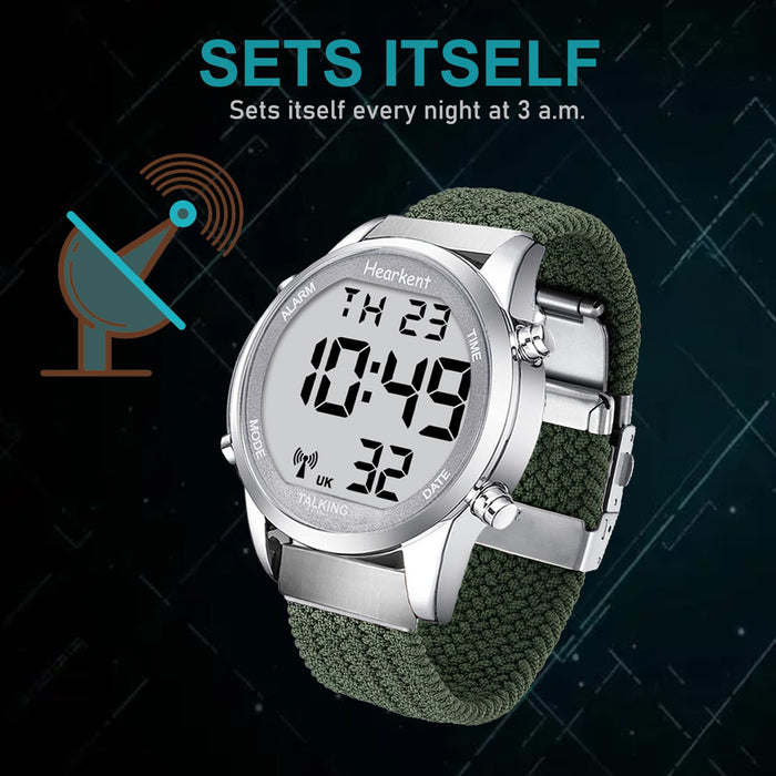 Hearkent Digital Talking Watch with British English Speaking Pleasant Voice and Extension Nylon Braided Adjustable Strap for Elderly