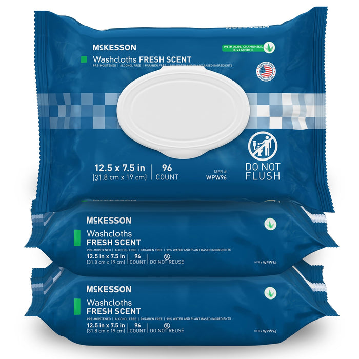 McKesson Washcloth Wipes, Scented (3 Pack, 288 Washcloths) Disposable Wet Wipes for Adults - Alcohol-Free - No-Rinse Formula - Snap Lid Soft Pack - 96 Wipes Per Pack