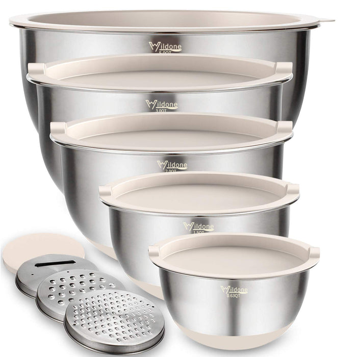 Wildone Mixing Bowls with Airtight Lids Set, 5PCS Stainless Steel Khaki Nesting Bowls for Kitchen, with Grater Attachments & Non-Slip Bottoms, Size 5, 3, 2, 1.5, 0.63 QT, Great for Mixing & Serving