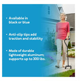 Carex Quad Cane with Small Base - Adjustable Height Quad Cane and Walking Stick with Small Base - Holds Up to 250 Pounds, Black, Universal, Pack of 1