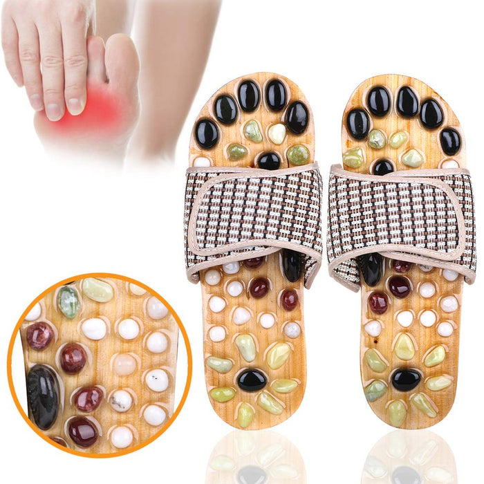 Acupressure Massage Slippers with Earth Stone, Therapeutic Reflexology Sandals for Foot Acupoint Massage Shiatsu Arch Pain Relief, Fit Women 6-7 Feet Size