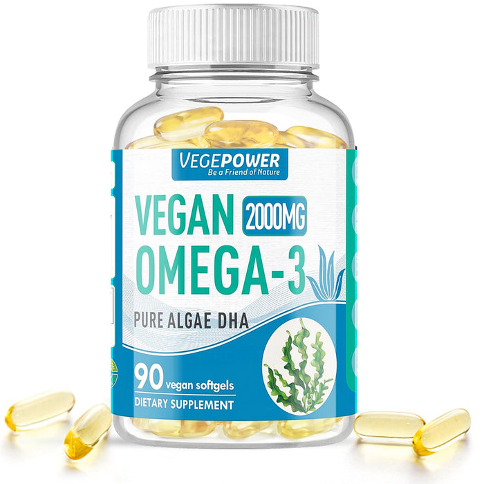 Vegan Omega-3 Algae DHA Supplements - 2000mg Algae Oil, Plant-Based Prenatal Algal DHA, 90 Carrageenan Free Softgels -Sustainable Fish Oil Alternative Supports Brain, Heart, Eyes, Joint Health