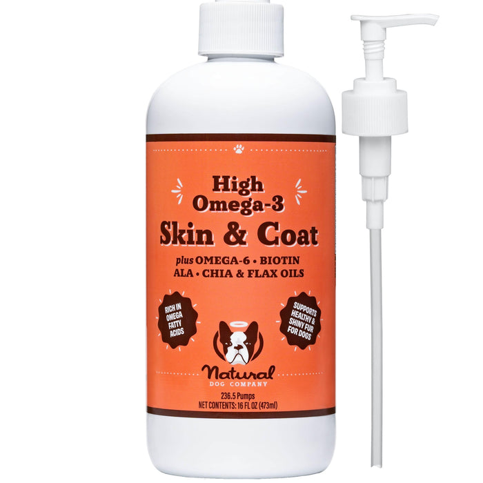 Natural Dog Company Skin & Coat Oil (16 oz.), Supports Skin Health, Fish Oil Supplements for Dogs, Soft Coat, Salmon Oil & Flaxseed Oil, Fatty Acids, Bottle of Dog Fish Oil with Pump, Antioxidant