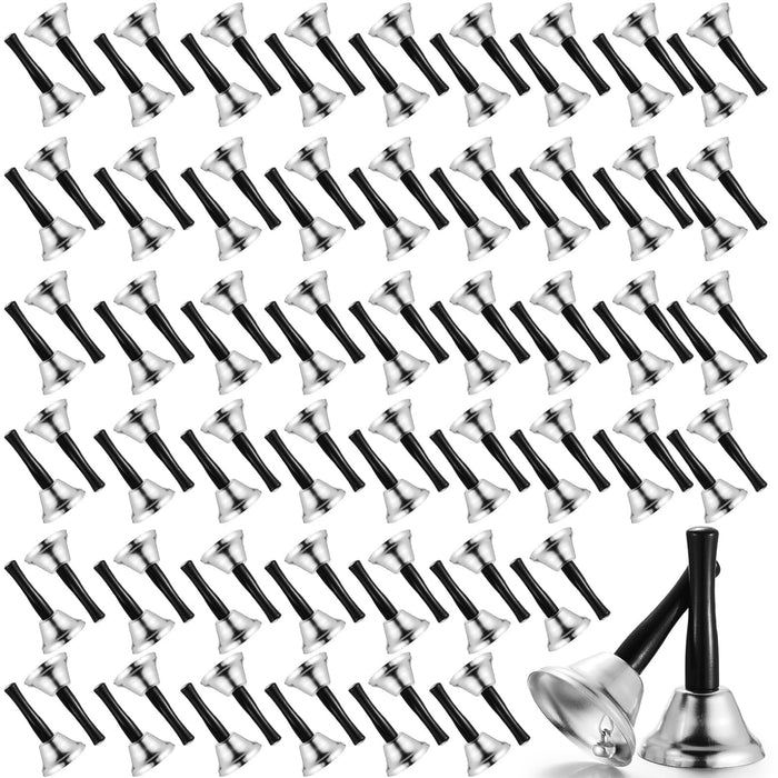 Fumete 100 Pcs Metal Ringing Bells Wedding Bells Dinner Service Call Bell Steel Handbells with Wooden Handle for Wedding Decors Schools Musical Percussion The Sick Elderly Alert(Silver)