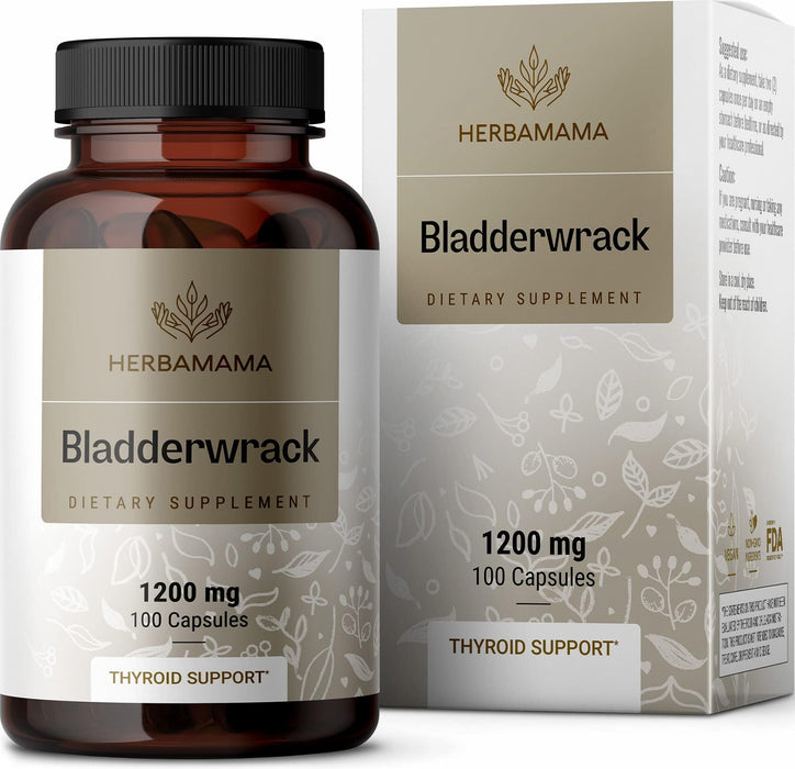 HERBAMAMA Bladderwrack Capsules - Organic Bladderwrack Powder Supplement - Dr Sebi Bladderwrack Leaves Pills 1200mg, 100 Caps