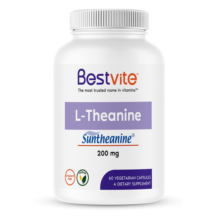 BESTVITE L-Theanine 200mg with Patented and Clinically Studied Suntheanine (60 Vegetarian Capsules) - No Stearates - Vegan - Non GMO - Gluten Free