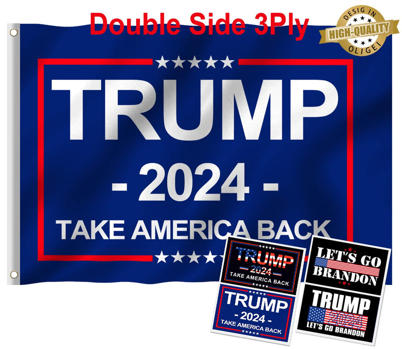 Oligei Trump 2024 Flag, 3 x 5 Feet Trump Flag Take American Back with 4 Pcs Trump 2024 Sticker, Polyester Fiber Trump Desantis 2024 Flag, 3 Ply Double Sided Trump 2024 Flag