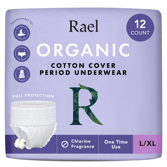 Rael Disposable Underwear for Women, Organic Cotton Cover - Incontinence Pads, Postpartum Essentials, Disposable Underwear, Unscented, Maximum Coverage (Size L-XL, 12 Count)