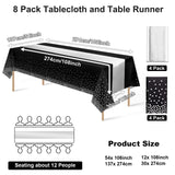 8Pack Disposable Plastic Tablecloths and Satin Table Runner Set Black and Silver Dot Tablecloth Silver Satin Table Runner for Wedding Birthday Baby Shower Anniversary Christmas New Year Party Supply