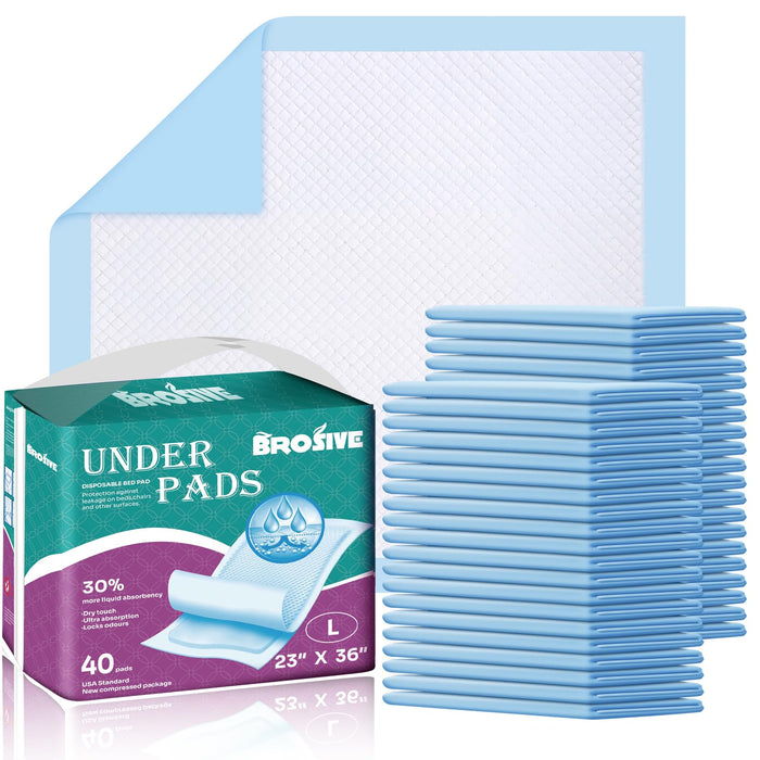 Brosive Disposable Bed Pads for Incontinence 23" x 36" - 40 Count, Large Disposable Chucks Pads for Adults, Children, Elderly & Pets, High Absorbency Waterproof Underpads for Mattress & Furniture