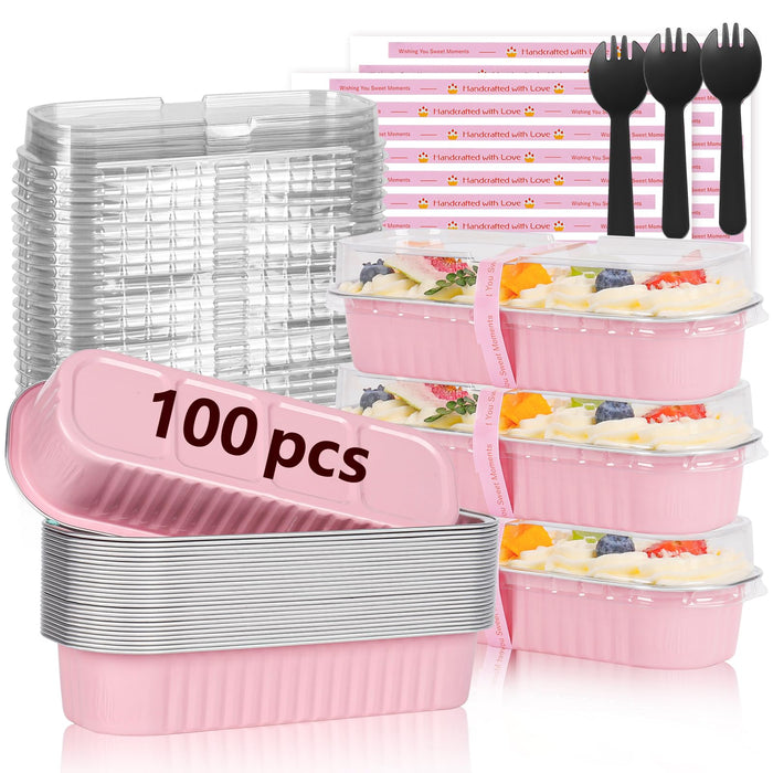 YQER 100 Pack Mini Loaf Pans with Lids and Spoons Sealing Sticker, 6.8oz Mini Cake Pans for Baking, Disposable Aluminum Foil Loaf Pans, Pink Loaf Baking Pans, Small Cake Containers With Lids