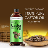 Natural Riches Organic Castor Oil Cold pressed Glass Bottle USDA certified for Dry Skin Hair Loss Dandruff Thicker Hair - Moisturizes heals Scalp Skin Thicker Eyelashes Eyebrows 8 fl oz