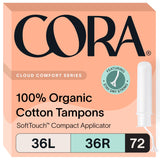 Cora Organic Applicator Tampon Multipack | 36 Light & 36 Regular Absorbency | 100% Organic Cotton, Unscented, BPA-Free Compact Applicator | Leak Protection | Packaging May Vary | 72 Total