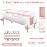 12 Pack Disposable Plastic Tablecloths and Satin Table Runner Set White and Rose Gold Dot Tablecloth Rose Gold Satin Table Runner for Wedding Birthday Baby Shower Anniversary Christmas New Year Party