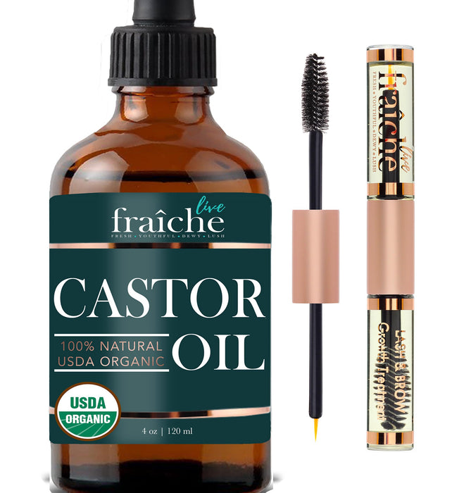 Live Fraiche Organic Castor Oil (4oz) + Filled Mascara Tube, 100% USDA Pure, Cold Pressed, Hexane Free Lash Serum Hair Growth Oil for Eyelashes, Eyebrows, Hair - Brow and Hair Treatment Oil