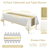 12Pack Disposable Plastic Tablecloths and Satin Table Runner Set White and Gold Dot Tablecloth Gold Satin Table Runner for Wedding Birthday Baby Shower Anniversary Christmas New Year Party Supplies