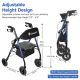 FlyingJoy Rollator Walker Blue 8" Large 4 Wheels Rollator Walkers for Seniors with Seat Locking Brakes Adjustable Seat and Arms Aluminum Medical Walker Foldable Removable Back Support 300 lbs
