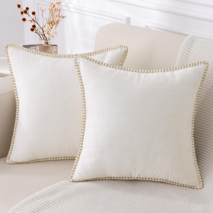 decorUhome Christmas Chenille Soft Throw Pillow Covers 18x18 Set of 2, Farmhouse Velvet Pillow Covers, Decorative Square Pillow Covers with Stitched Edge for Couch Sofa Bed, Cream White