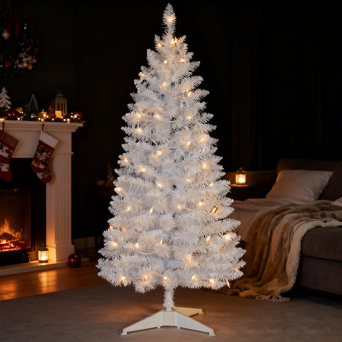4ft Lighted Artificial White Christmas Tree | Leeheeyee Small Christmas Tree, Not Pre-lit White Tinsel Pine Trees with Lights, Ideal for Home, Office, and Xmas Tree Party Décor