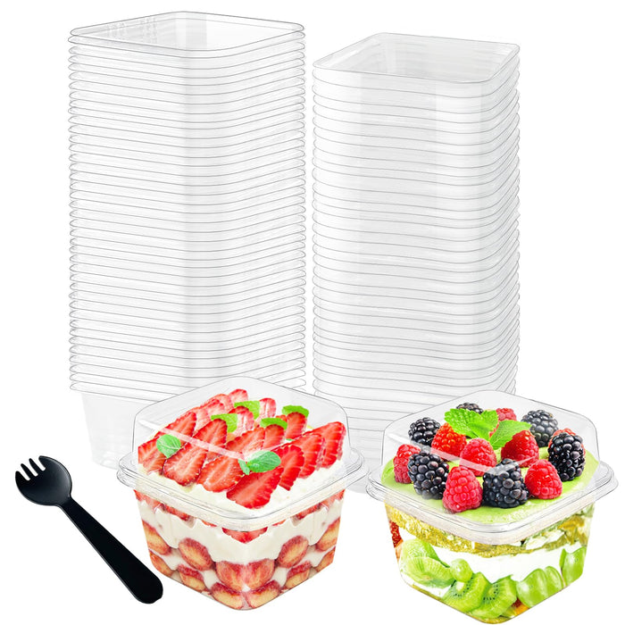 Cshangzei 100pcs 8oz Plastic Parfait Cups with Lids and Sporks,Disposable Square Dessert Cups with Spoons,Cake Container for Party,Mousse,Ice Cream,Pudding,Snacks,Fruits,Cupcake