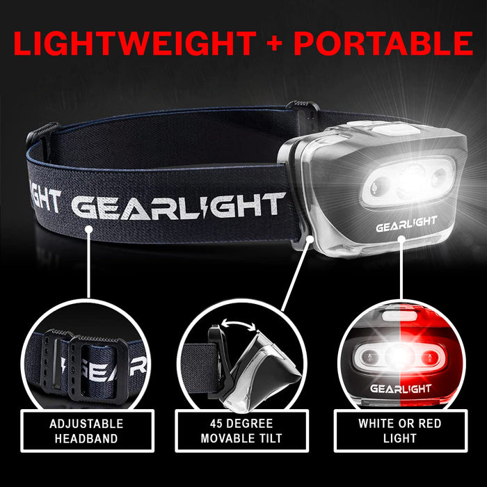 GearLight 2Pack LED Headlamp - Outdoor Camping Head Lamps with Adjustable Headband - Lightweight Battery Powered Bright Flashlight Headlight with 7 Modes and Pivotable Head and Red Light