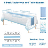 8Pack Disposable Plastic Tablecloths and Satin Table Runner Set White and Light Blue Dot Tablecloth Light Blue Satin Table Runner for Wedding Birthday Baby Shower Engagement Christmas Party Supplies