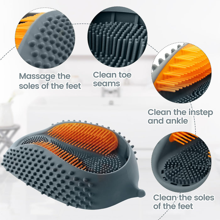 JIALEYA Lu-lala Shower Foot Scrubber - Portable Manual Foot Massager Cleaner Care for Soothe Feet Neuropathy Achy, Improve Foot Circulation - Wet and Dry use, Fits Plus Size Feet (Gray-Orange)