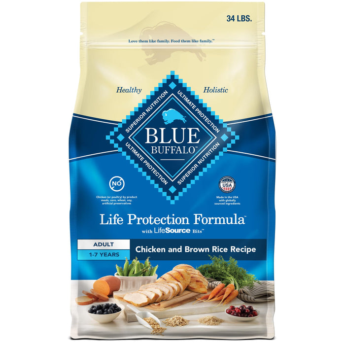 Blue Buffalo Life Protection Formula Adult Dry Dog Food, Helps Build and Maintain Strong Muscles, Made with Natural Ingredients, Chicken & Brown Rice Recipe, 34-lb. Bag