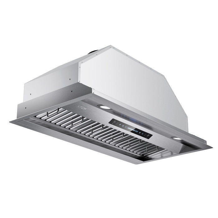 IKTCH 36 inch Built-in/Insert Range Hood 900 CFM, Ducted/Ductless Convertible Duct, Stainless Steel Kitchen Vent Hood with 2 Pcs Adjustable Lights and 3 Pcs Baffle Filters with Handlebar(IKB02-36'')