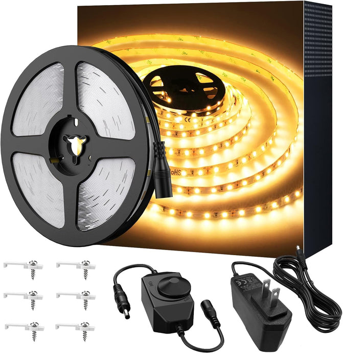 Warm LED Strip Lights,Onforu16.4ft Dimmable Strip Lighting,3000K 5m 12v Tape Light, 2835 LEDs Flexible Warm White Rope Light for Home,Kitchen,Under Cabinet,Bedroom, Christmas Decor, Non-Waterproof