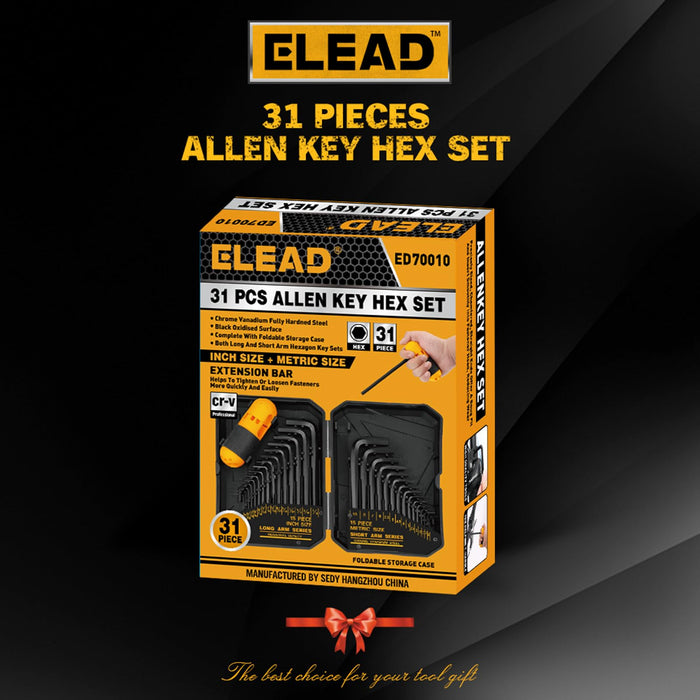 ELEAD 31-Piece Hex Key Set - Allen Wrench Set, SAE and Metric Allen Keys MM(0.7mm-10mm) SAE(0.028"-3/8) Heat-Treated, Torque Handle, High Leverage, Long & Short Keys, Easy Organization