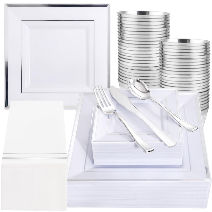 Festiva 350Pcs Silver Plates - Silver Square Plastic Plates include 50 Dinner Plates 50 Dessert Plates 50 Cups 50Plastic Cutlery 50Hand Napkins Perfect for Party&Wedding&Christmas