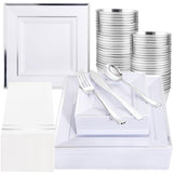 Festiva 350Pcs Silver Plates - Silver Square Plastic Plates include 50 Dinner Plates 50 Dessert Plates 50 Cups 50Plastic Cutlery 50Hand Napkins Perfect for Party&Wedding&Christmas