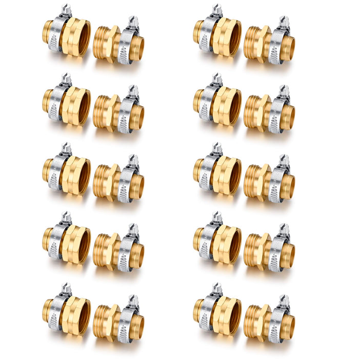 Garden Solid brass Hose Repair Connector with Clamps,Fit for Garden Hose Fitting,Male and Female Hose Fittings 10 Set (3/4"-10 Set)